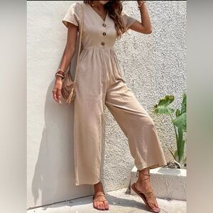 Tan Button-Front Jumpsuit